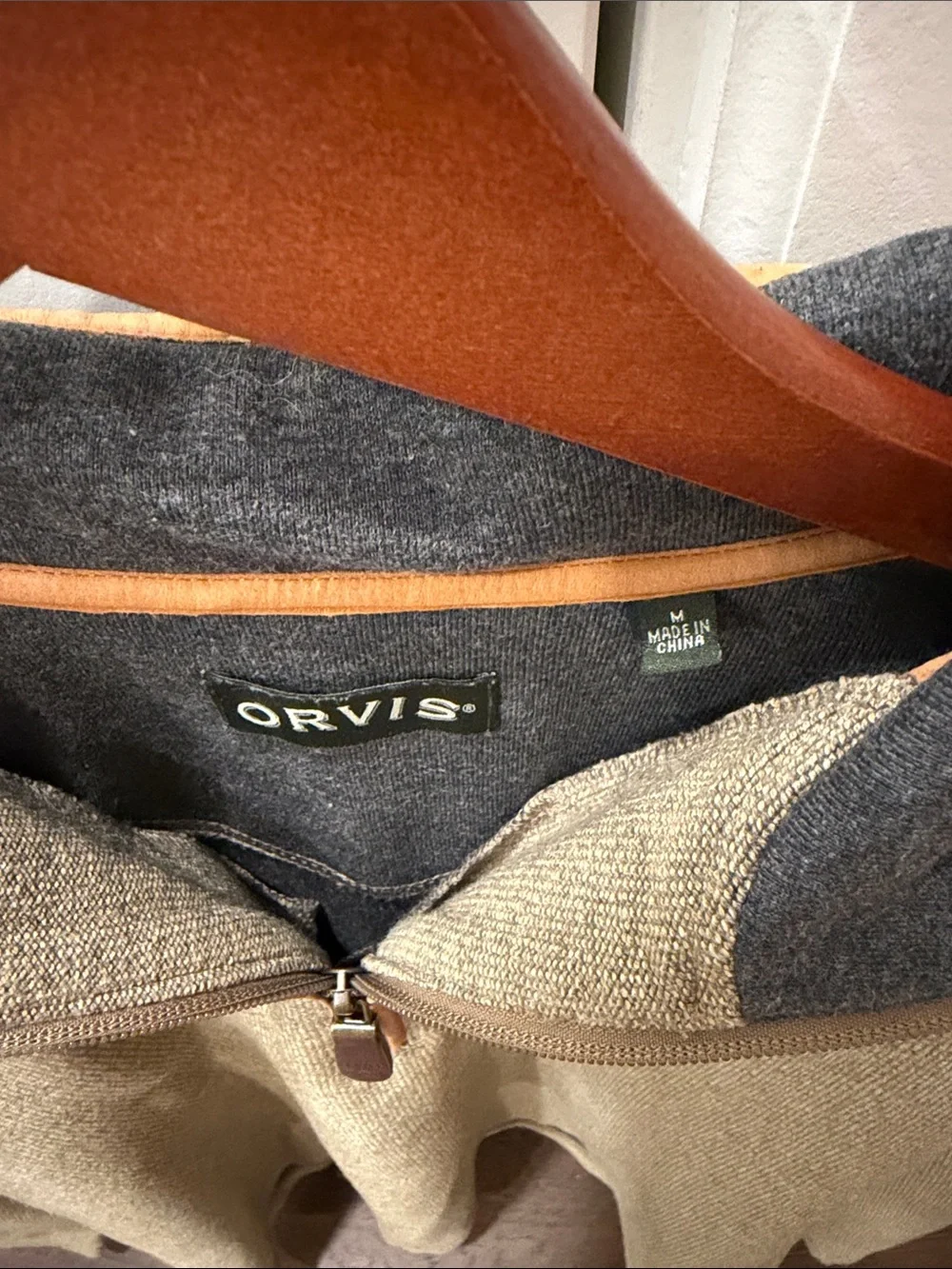 Orvis Olive Green Zip-Up Sweater with Charcoal Collar and Tan Trim